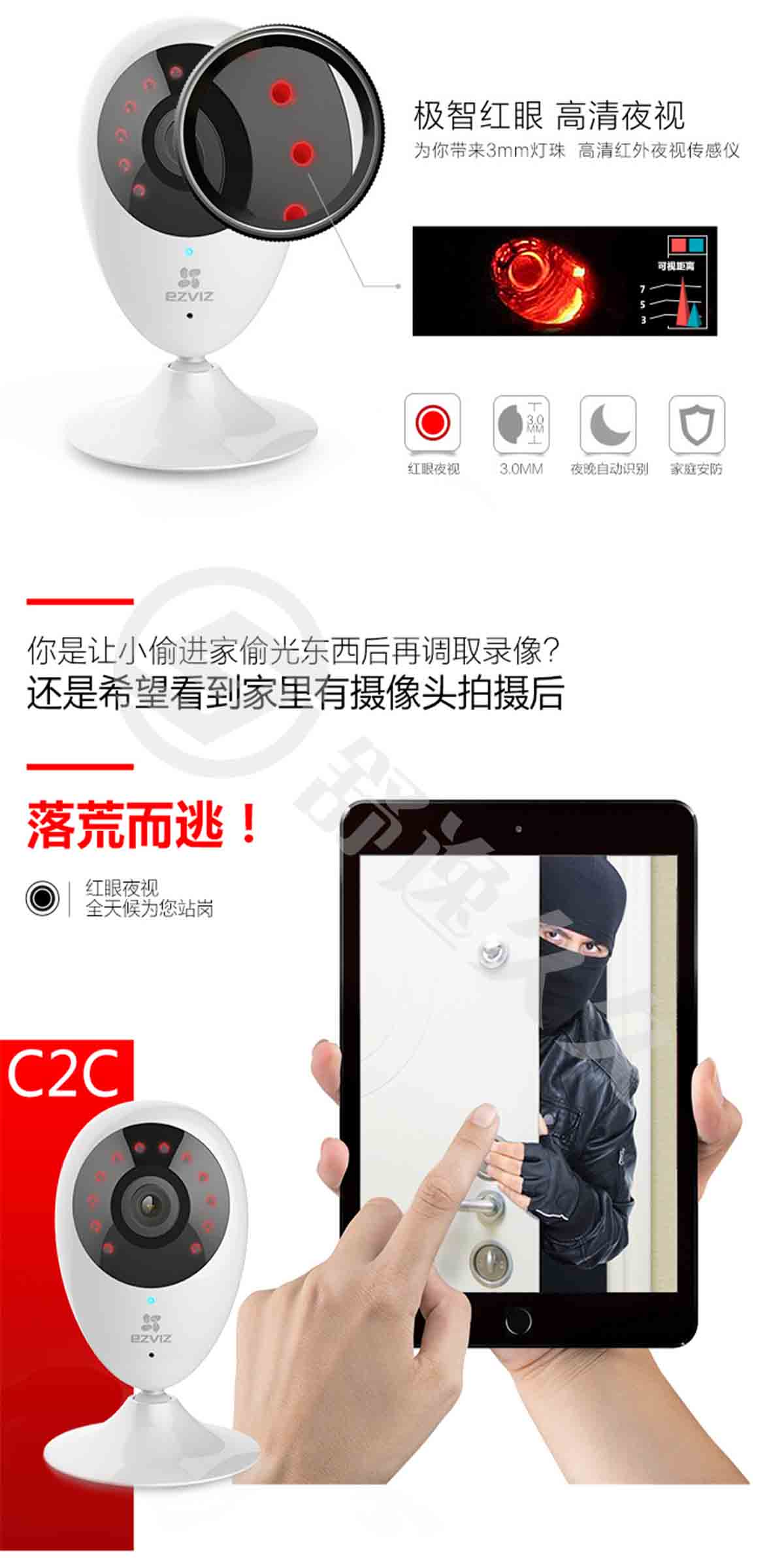 螢石（EZVIZ） C2C高清夜視版 攝像頭 無線智能網(wǎng)絡(luò)攝像機(jī) wifi遠(yuǎn)程監(jiān)控防盜家居攝像頭